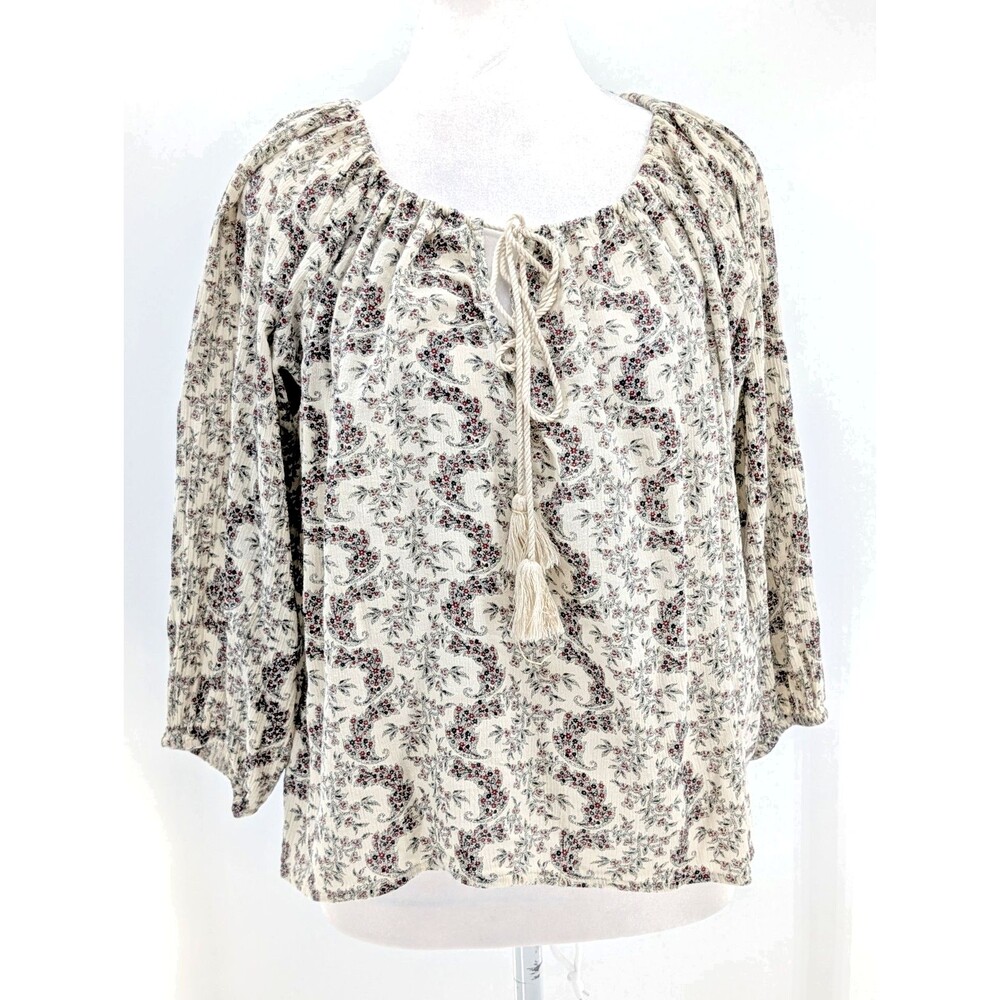 Ralph Lauren Denim & Supply Boho Ivory Floral Tassel 3/4 Sleeve Blouse SZ Medium